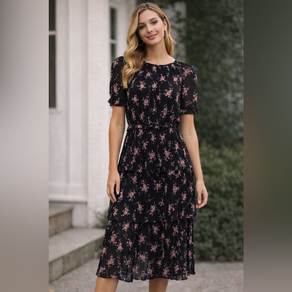 Monique Lhuillier Black and Pink Floral Maxi Dress SZ 2